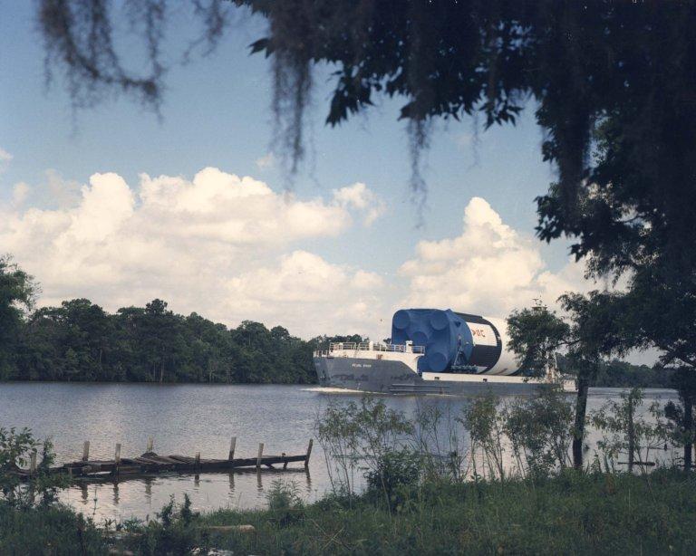 Saturn V First Stage Transferred by Barge