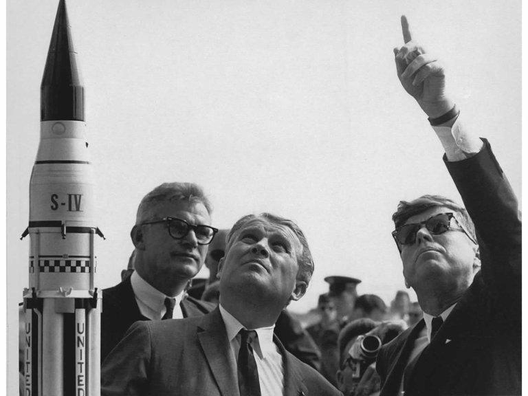 NASA Deputy Administrator Robert Seamans, von Braun and President Kennedy at Cape Canaveral