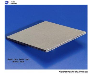 Panel 26-2 post test RCC carbon / carbon fiber panels - the panels are space shuttle tile material being tested in the ballistics lab building 49
