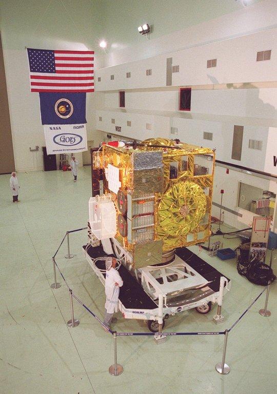The newest Geostationary Operational Environmental Satellite-M (GOES-M) satellite is ready at Astrotech, in Titusville for the media to see the last in the current series of advanced geostationary weather satellites in service. GOES-M has a new instrument not on earlier spacecraft, a Solar X-ray Imager that can be used in forecasting space weather, the effects of solar storms that create electromagnetic disturbances on earth that affect other satellites, communications and power grids. GOES is scheduled to launch from Cape Canaveral Air Force Station on an Atlas II rocket in July