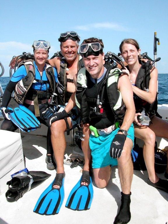 KENNEDY SPACE CENTER, FLA. - Ready for another dive to the NOAA undersea station Aquarius, offshore from Key Largo, the site of the NASA Extreme Environment Mission Operations 6 (NEEMO-6), are (left to right) Monike Schultz, CB Office lead; Bill Todd, project lead; Marc Reagan, mission lead; and Michele Lucas, OPS planner. Todd and Lucas are also the underwater videographer and still photographer, respectively, for the mission. The NEEMO-6 team comprises John Herrington, commander, Tara Ruttley, a biomedical engineer, and astronauts Nick Patrick and Doug Wheelock. The NEEMO-6 mission involves exposing an astronaut/scientist crew to a real mission experience in an extreme environment - Aquarius - to prepare for future space flight. Spacewalk-like diving excursions and field-tests on a variety of biomedical equipment are designed to help astronauts living aboard the International Space Station. To prepare for their 10-day stay, the team had dive training twice a day at the Life Support Buoy, anchored above Aquarius.