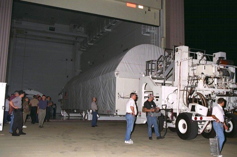 The container transporting the Node 1, the first element of the International Space Station to be manufactured in the United States and the first to be launched on the Space Shuttle, is moved into the Space Station Processing Facility high bay June 23 after its arrival from NASA?s Marshall Space Flight Center (MSFC). The Node 1 module is currently scheduled to lift off aboard the Space Shuttle Endeavour in July 1998 along with Pressurized Mating Adapters (PMAs) 1 and 2. The 18-foot in diameter, 22-foot-long aluminum module was manufactured by the Boeing Co. at MSFC. Once in space, the Node 1 will function as a connecting passageway to the living and working areas of the International Space Station. It has six hatches that will serve as docking ports to the U.S. laboratory module, U.S. habitation module, an airlock and other space station elements